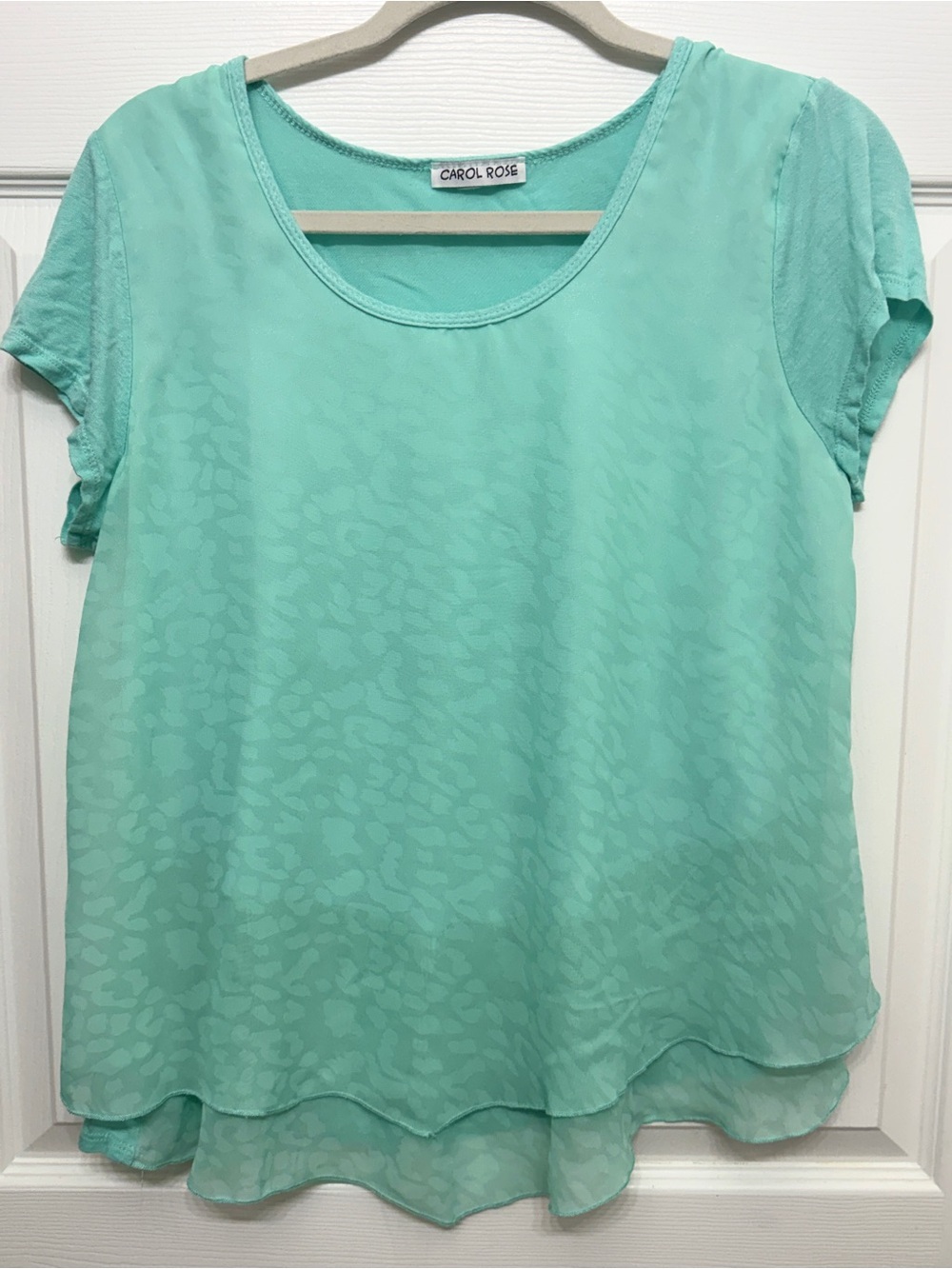 Carol Rose Mint Jacquard Blouse Double Layer Hem Short Sleeve Medium